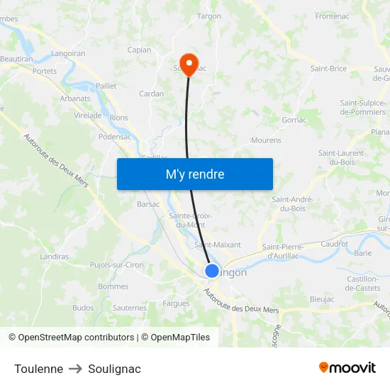 Toulenne to Soulignac map