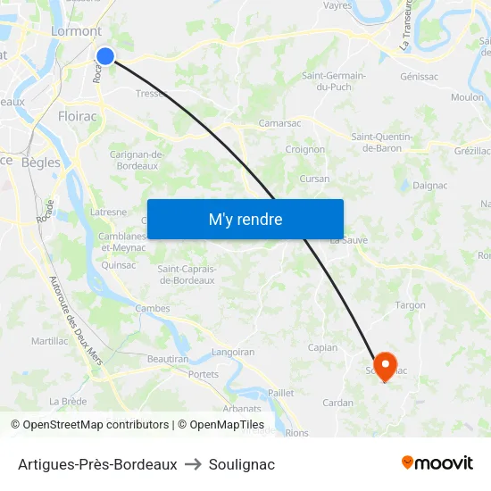 Artigues-Près-Bordeaux to Soulignac map