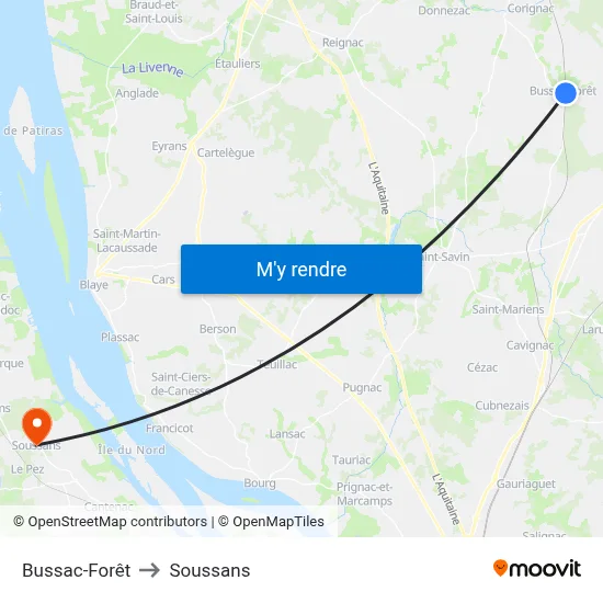 Bussac-Forêt to Soussans map