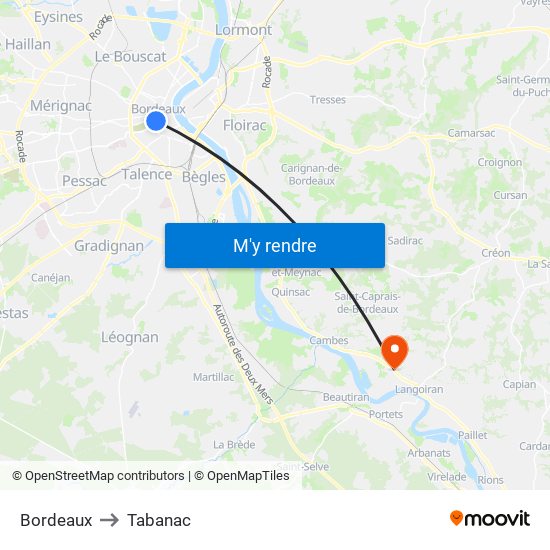 Bordeaux to Tabanac map