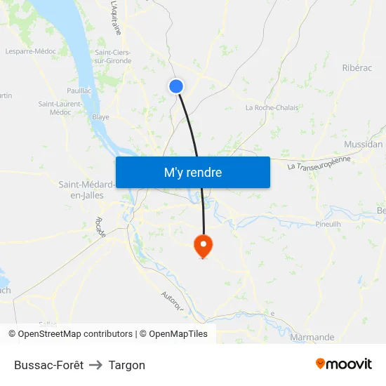 Bussac-Forêt to Targon map