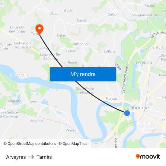 Arveyres to Tarnès map