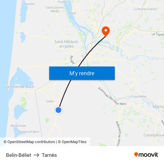Belin-Béliet to Tarnès map