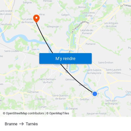 Branne to Tarnès map