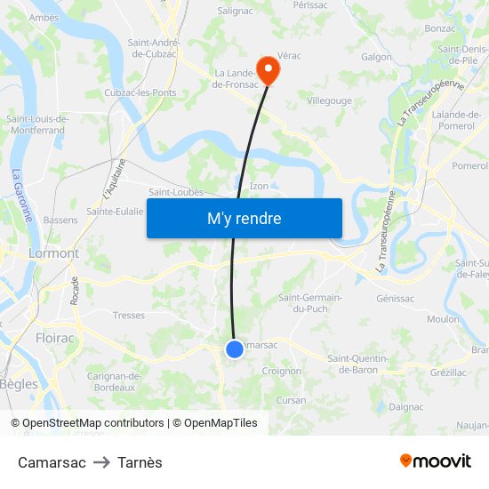 Camarsac to Tarnès map