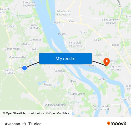 Avensan to Tauriac map