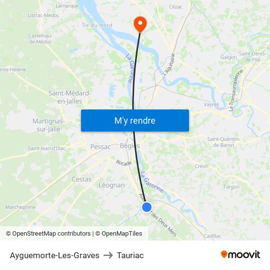 Ayguemorte-Les-Graves to Tauriac map