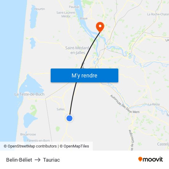 Belin-Béliet to Tauriac map