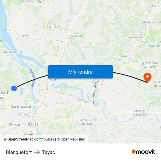 Blanquefort to Tayac map