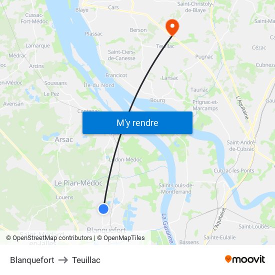 Blanquefort to Teuillac map