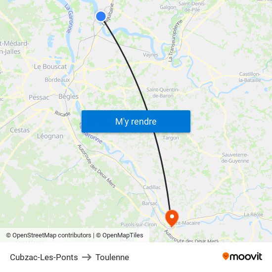 Cubzac-Les-Ponts to Toulenne map