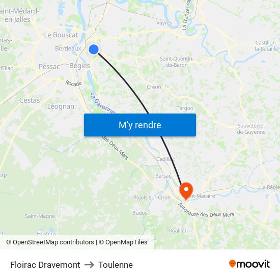 Floirac Dravemont to Toulenne map