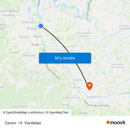 Cenon to Verdelais map