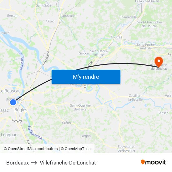 Bordeaux to Villefranche-De-Lonchat map