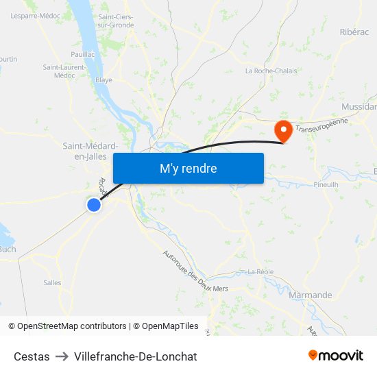 Cestas to Villefranche-De-Lonchat map