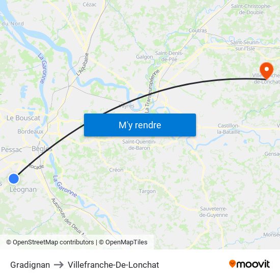 Gradignan to Villefranche-De-Lonchat map