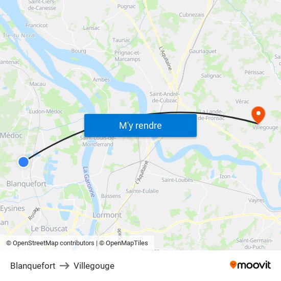 Blanquefort to Villegouge map