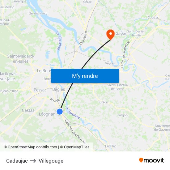 Cadaujac to Villegouge map