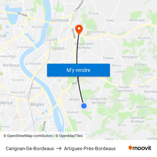 Carignan-De-Bordeaux to Artigues-Près-Bordeaux map