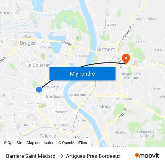 Barrière Saint Médard to Artigues-Près-Bordeaux map