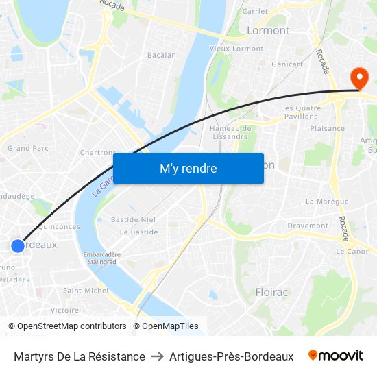 Martyrs De La Résistance to Artigues-Près-Bordeaux map
