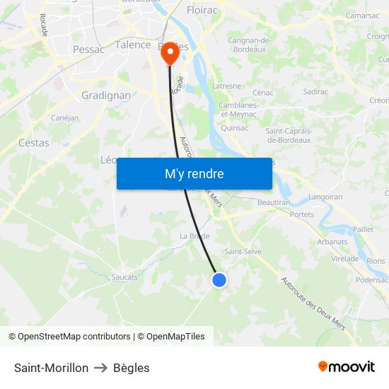 Saint-Morillon to Bègles map