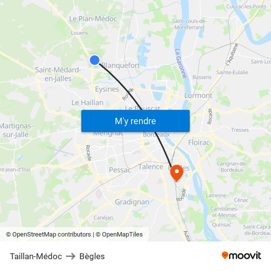 Taillan-Médoc to Bègles map