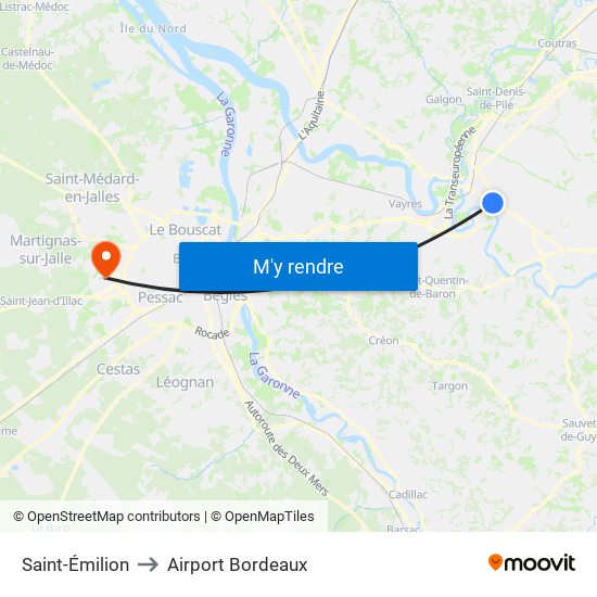 Saint-Émilion to Airport Bordeaux map