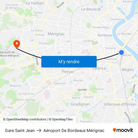 Gare Saint Jean to Aéroport De Bordeaux Mérignac map