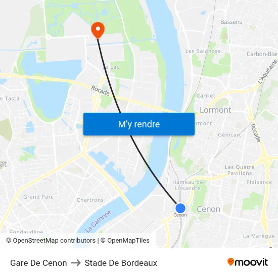 Gare De Cenon to Stade De Bordeaux map