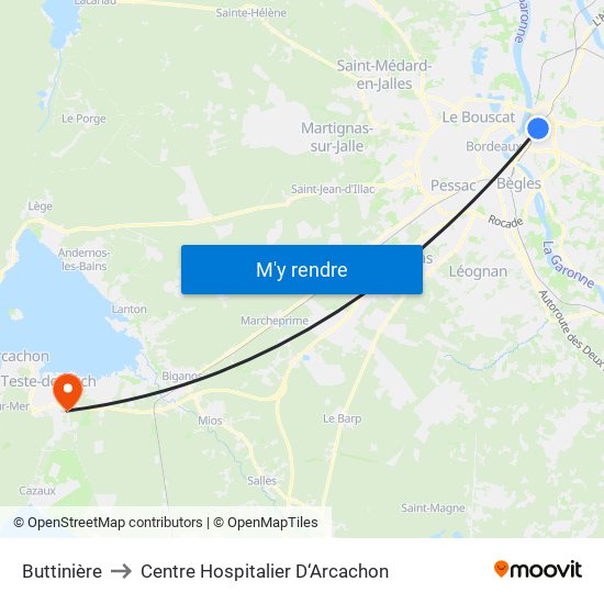 Buttinière to Centre Hospitalier D‘Arcachon map