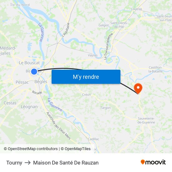 Tourny to Maison De Santé De Rauzan map