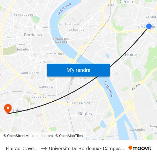 Floirac Dravemont to Université De Bordeaux - Campus Peixotto map