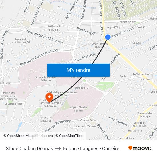 Stade Chaban Delmas to Espace Langues - Carreire map