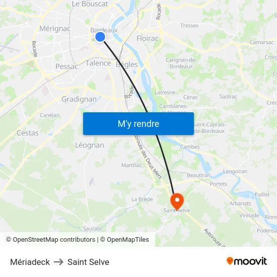 Mériadeck to Saint Selve map