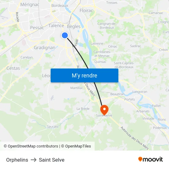 Orphelins to Saint Selve map