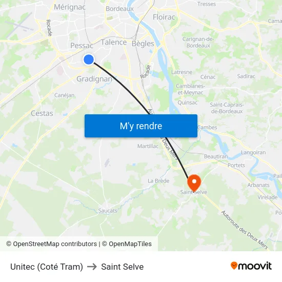 Unitec (Coté Tram) to Saint Selve map