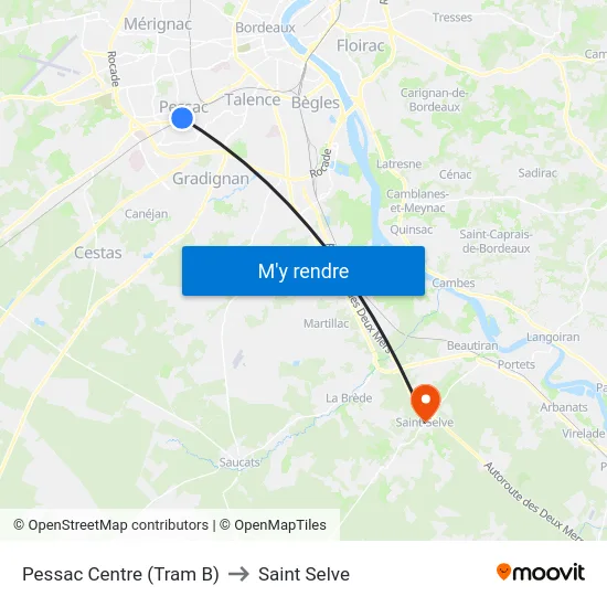 Pessac Centre (Tram B) to Saint Selve map