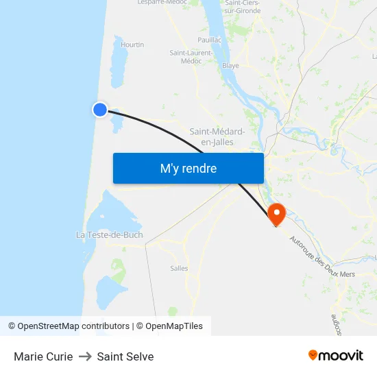 Marie Curie to Saint Selve map