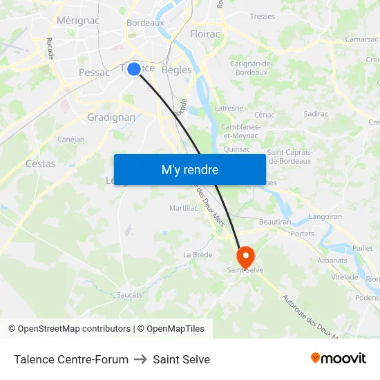 Talence Centre-Forum to Saint Selve map