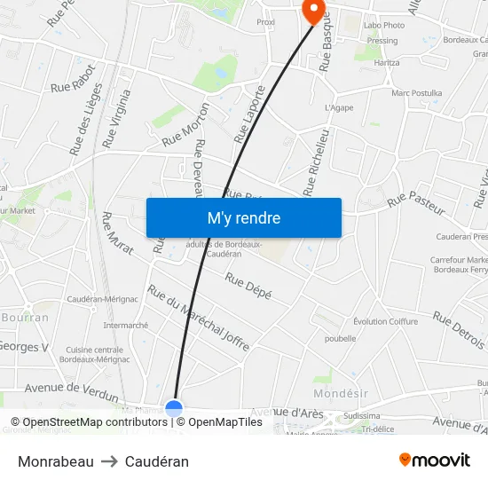Monrabeau to Caudéran map