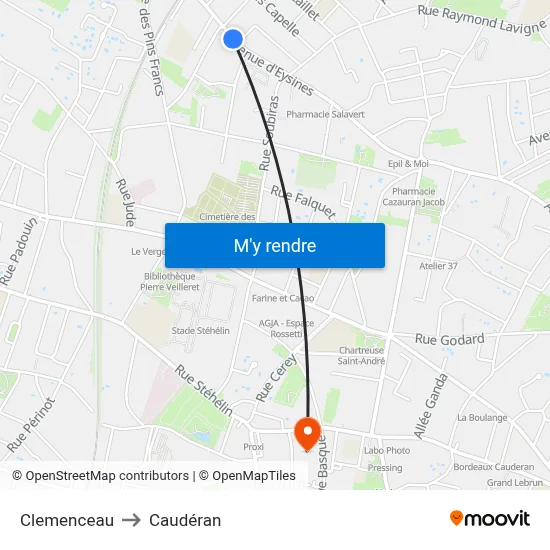 Clemenceau to Caudéran map