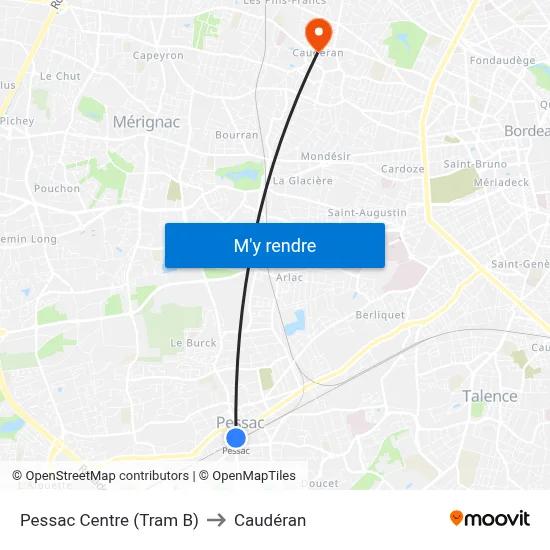 Pessac Centre (Tram B) to Caudéran map