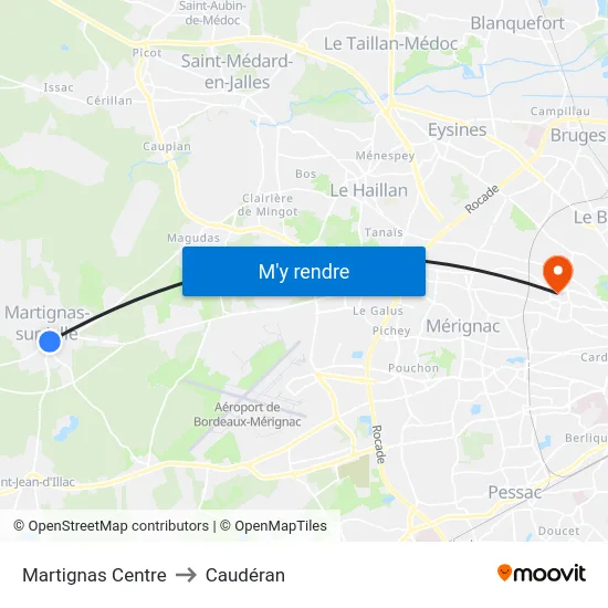 Martignas Centre to Caudéran map