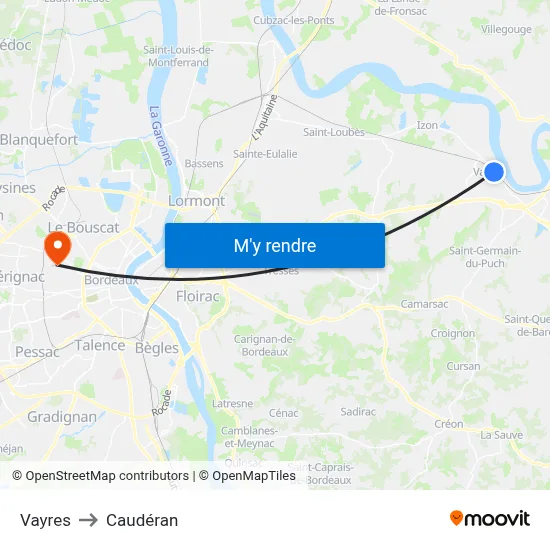 Vayres to Caudéran map
