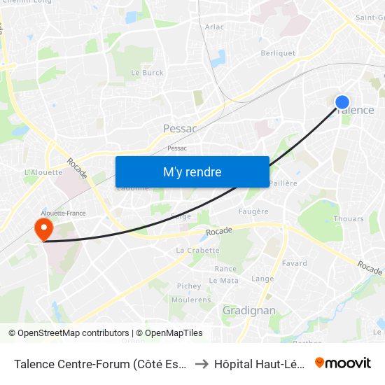 Talence Centre-Forum (Côté Esplanade) to Hôpital Haut-Lévêque map