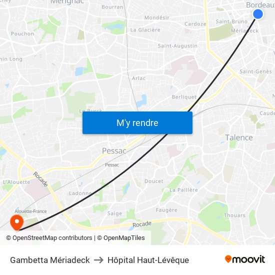 Gambetta Mériadeck to Hôpital Haut-Lévêque map