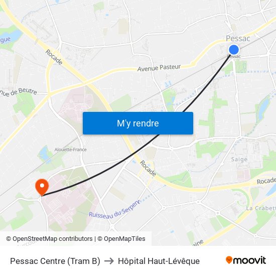 Pessac Centre (Tram B) to Hôpital Haut-Lévêque map