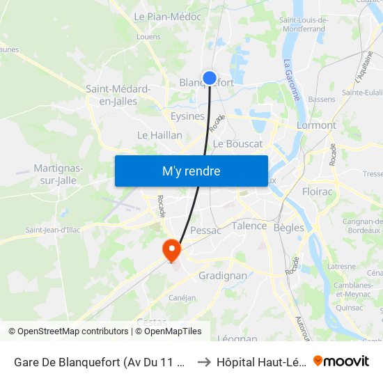 Gare De Blanquefort (Av Du 11 Novembre) to Hôpital Haut-Lévêque map