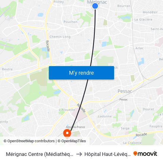 Mérignac Centre (Médiathèque) to Hôpital Haut-Lévêque map